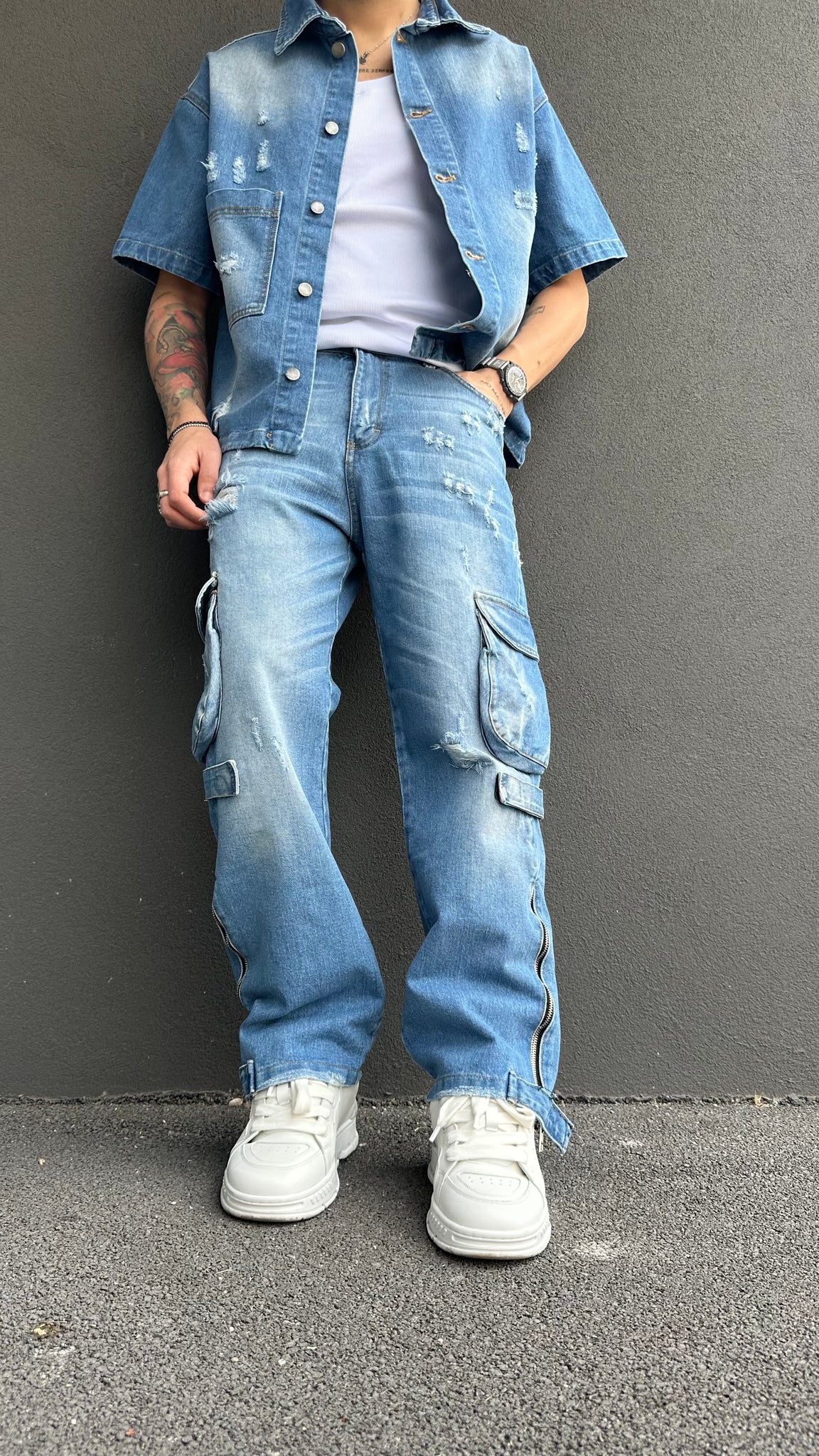 Jeans cargo zip chiaro