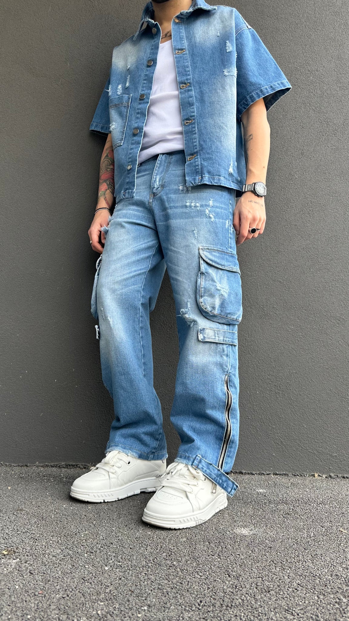 Jeans cargo zip chiaro